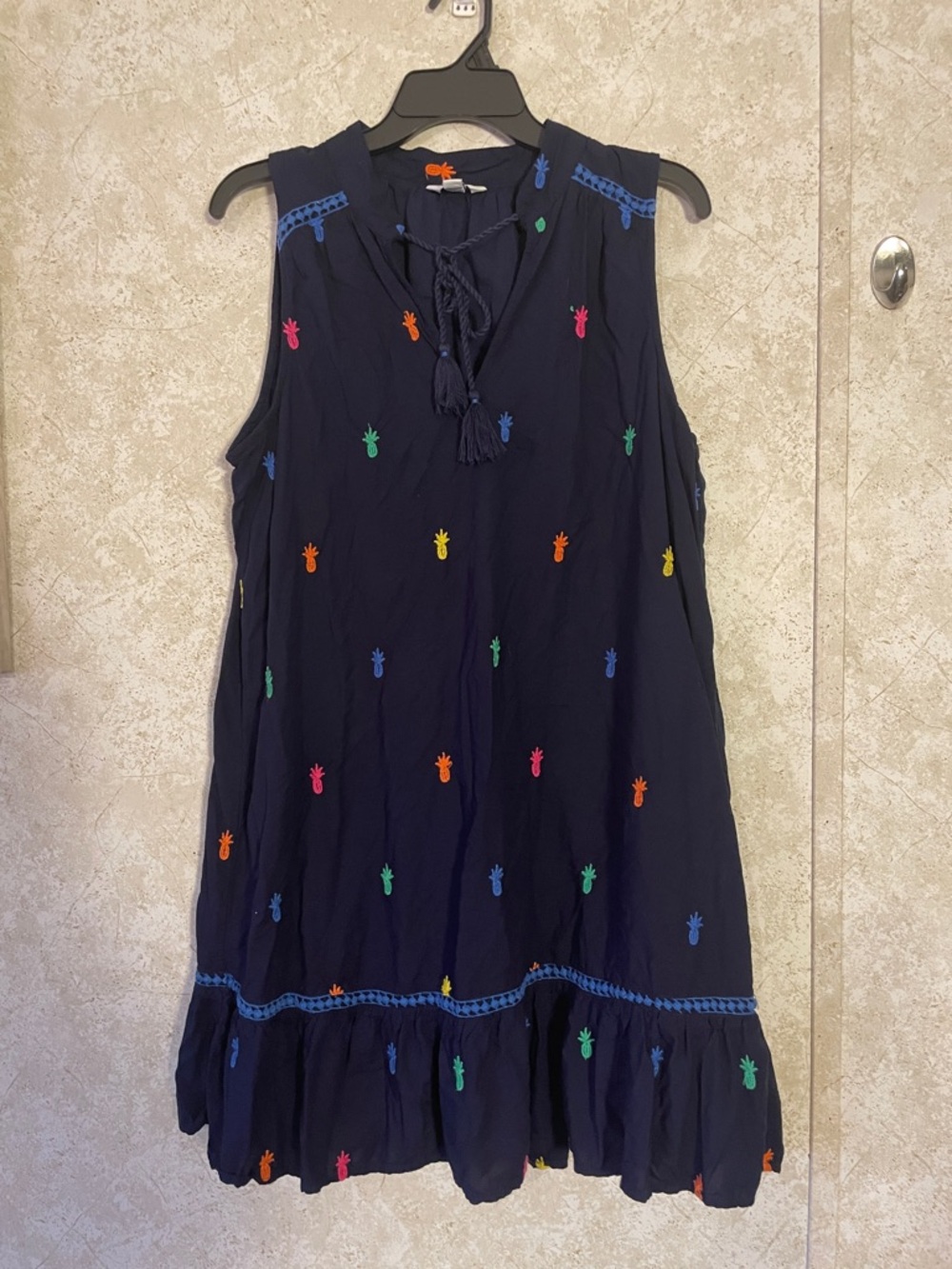 Navy Crown & Ivy Sleeveless Tunic Dress with Multicolor Pineapple Embroidery L